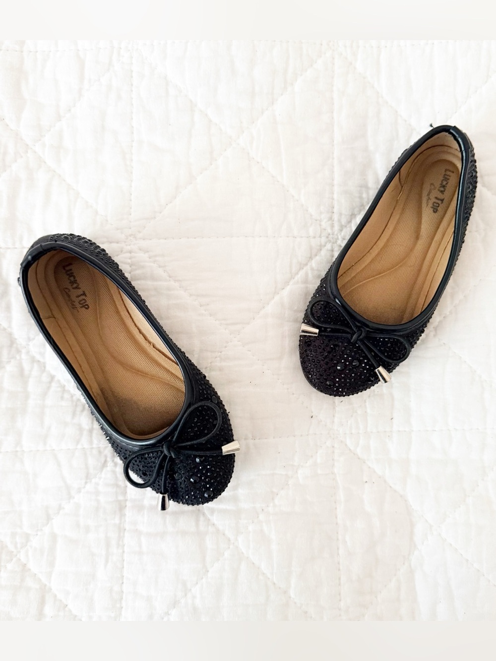 Lucky Top Kids Girls Black Rhinestone Ballet Flats with Bow Accent 9